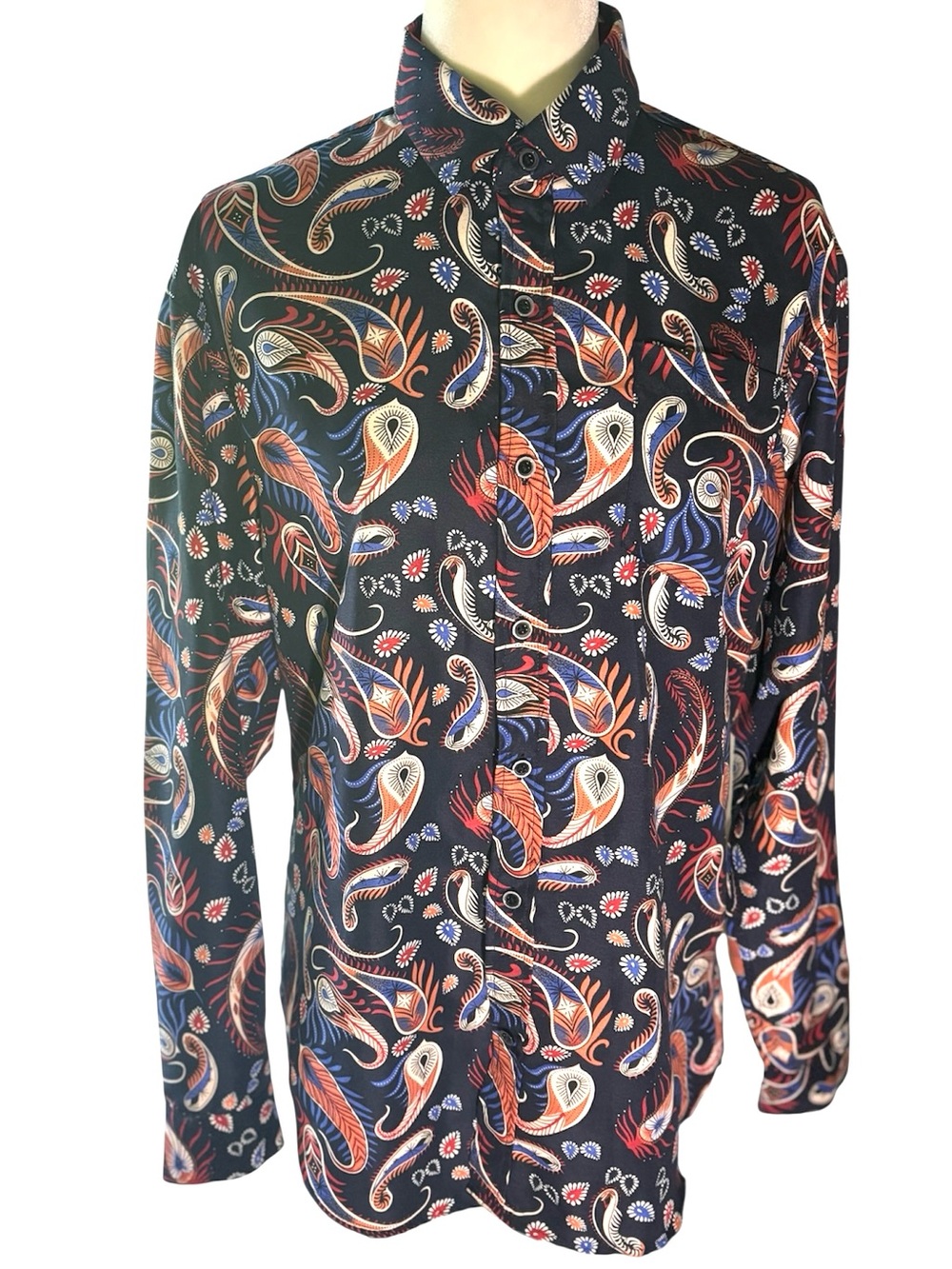 Planet B Men’s Navy Blue Paisley Button Down Shirt | Retro Print Long Sleeve